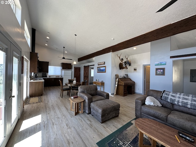 living area with plenty of natural light, a ceiling fan, light wood finished floors, and a textured ceiling