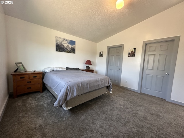 bedroom featuring baseboards, carpet, a textured ceiling, and vaulted ceiling