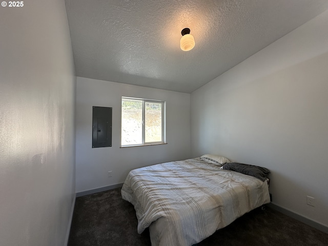 bedroom with baseboards, a textured ceiling, dark carpet, and electric panel