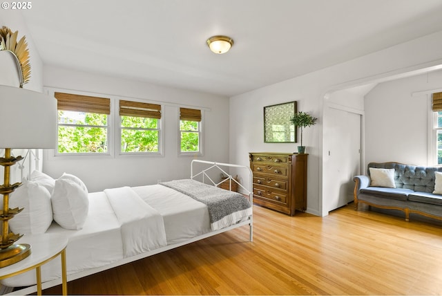 bedroom featuring light wood-style flooring and multiple windows