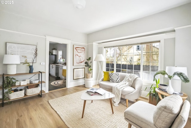 living area featuring baseboards and wood finished floors