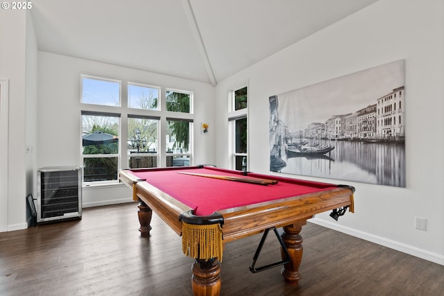 playroom with high vaulted ceiling, dark hardwood / wood-style flooring, pool table, and heating unit