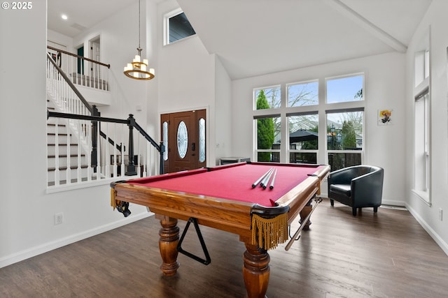 playroom featuring high vaulted ceiling, pool table, a chandelier, and dark hardwood / wood-style floors