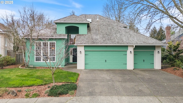 front facade featuring a garage and a front lawn