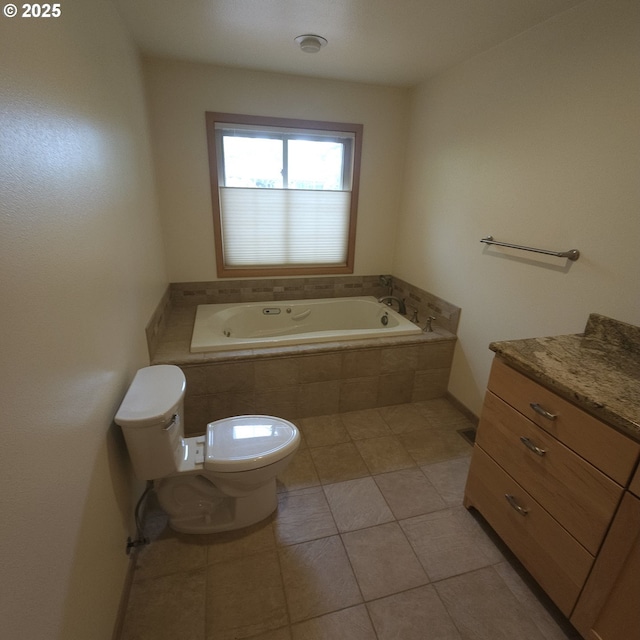 full bathroom with toilet, a bath, tile patterned floors, and vanity