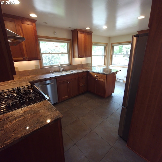 kitchen with stainless steel dishwasher, a sink, healthy amount of natural light, under cabinet range hood, and recessed lighting