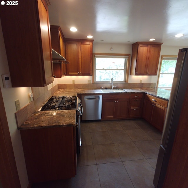 kitchen with a sink, stainless steel appliances, ventilation hood, plenty of natural light, and recessed lighting