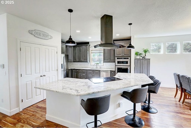 16295 SE Slate St, Damascus, OR 97089 - kitchen featuring appliances with stainless steel finishes, island exhaust hood, gray cabinets, baseboards, and recessed lighting