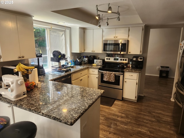 6307 NE Wilding Rd, Vancouver, WA 98686 - kitchen featuring stainless steel appliances, a raised ceiling, dark wood finished floors, dark stone countertops, and a peninsula