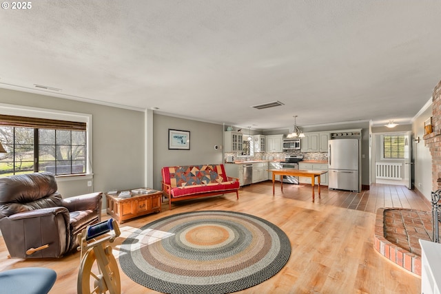 living area with a textured ceiling, ornamental molding, visible vents, and light wood-style floors