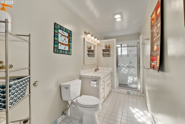 full bathroom with toilet, vanity, tile patterned floors, a stall shower, and crown molding