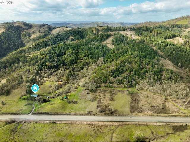 drone / aerial view with a forest view and a mountain view