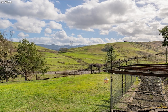 view of yard featuring a rural view, fence, and a mountain view