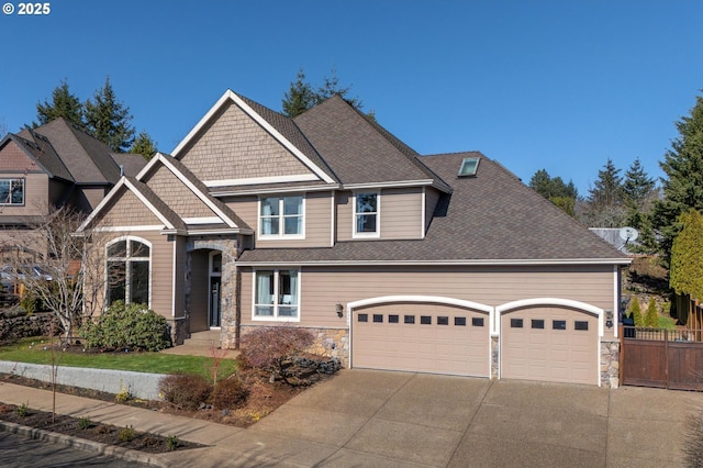 craftsman-style house with roof with shingles, concrete driveway, an attached garage, fence, and stone siding