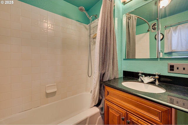 bathroom with vanity and shower / bathtub combination with curtain