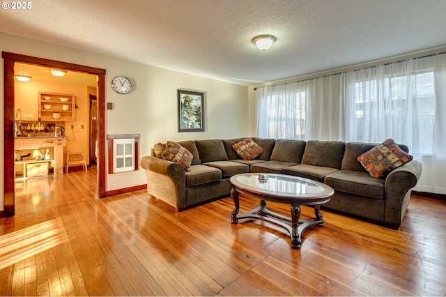 living room featuring hardwood / wood-style flooring and a textured ceiling