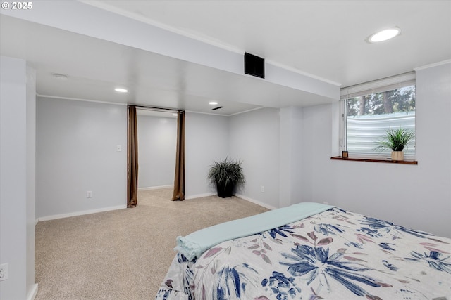 bedroom with baseboards, carpet flooring, and recessed lighting