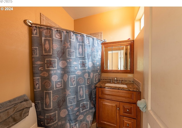 bathroom with a shower with shower curtain and vanity