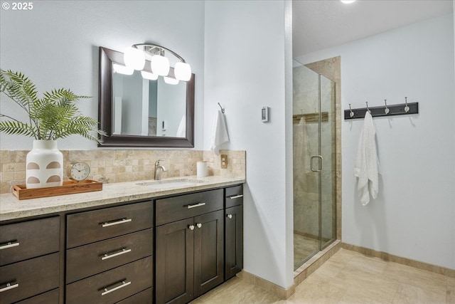 17221 SW Oakenshield Ct, Portland, OR 97224 - full bath featuring vanity, decorative backsplash, and a stall shower