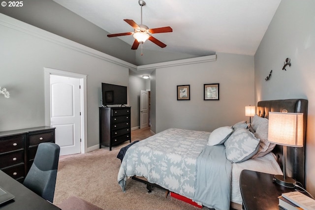 carpeted bedroom featuring ceiling fan and lofted ceiling