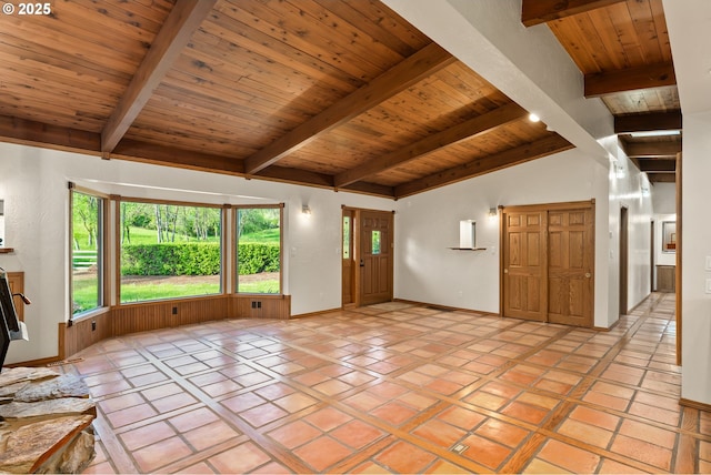 interior space with baseboards, lofted ceiling with beams, and wooden ceiling