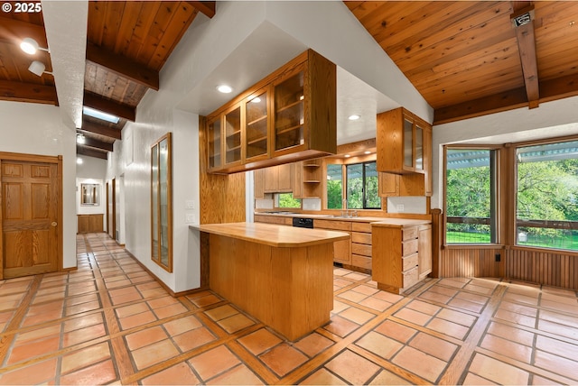 kitchen featuring open shelves, wooden ceiling, lofted ceiling with beams, a peninsula, and glass insert cabinets