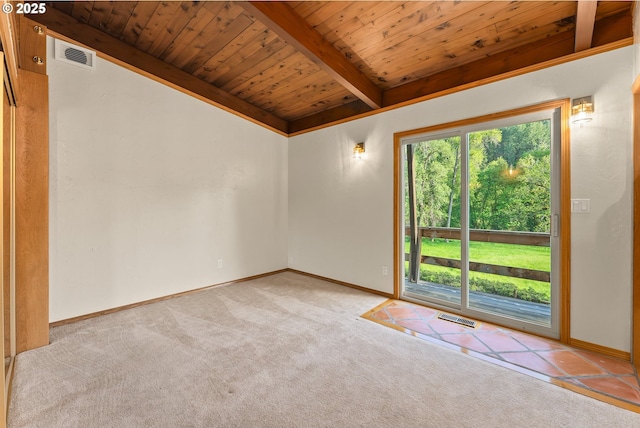 carpeted empty room featuring wooden ceiling, baseboards, beam ceiling, and visible vents