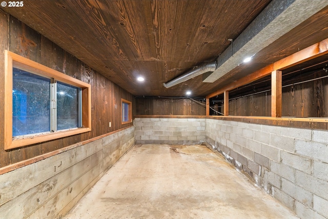 below grade area featuring concrete block wall and wooden ceiling