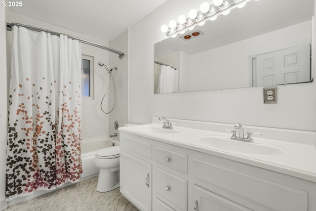 full bathroom featuring shower / bath combination with curtain, vanity, and toilet