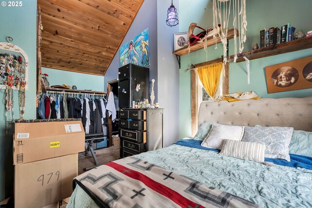 6596 River Rd, Salem, OR 97306 - carpeted bedroom with a closet, wood ceiling, and high vaulted ceiling