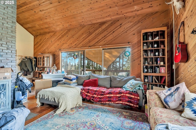 6596 River Rd, Salem, OR 97306 - living area featuring wood walls, wood finished floors, and lofted ceiling