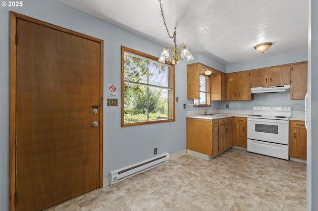 kitchen with white range with electric cooktop, baseboard heating, light countertops, a sink, and a textured ceiling