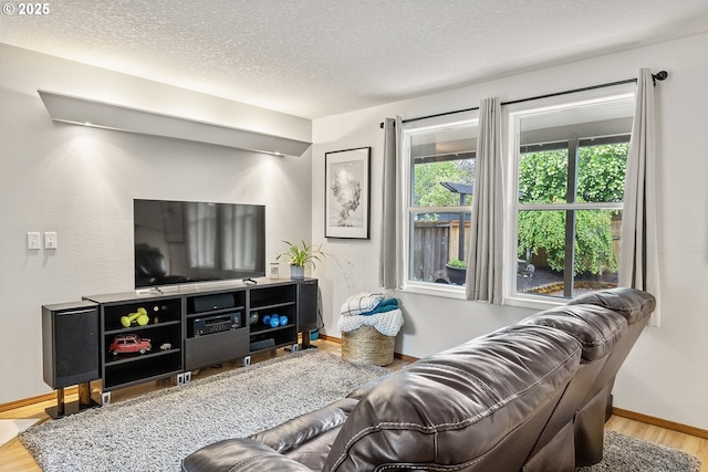 living area featuring baseboards, a textured ceiling, and wood finished floors