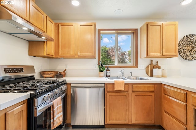 6837 SE 84th Ave, Portland, OR 97266 - kitchen featuring appliances with stainless steel finishes, under cabinet range hood, recessed lighting, light countertops, and light brown cabinets