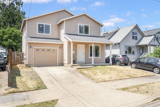 6837 SE 84th Ave, Portland, OR 97266 - traditional-style home with a garage, a porch, driveway, and roof with shingles