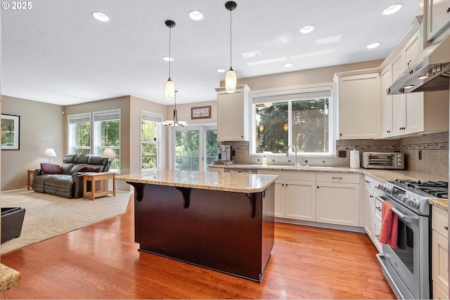 4710 SW Joshua St, Tualatin, OR 97062 - kitchen featuring stainless steel range with gas cooktop, under cabinet range hood, a textured ceiling, open floor plan, and backsplash