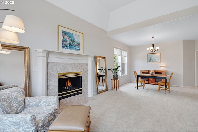 4710 SW Joshua St, Tualatin, OR 97062 - living room featuring a chandelier, light colored carpet, and a premium fireplace