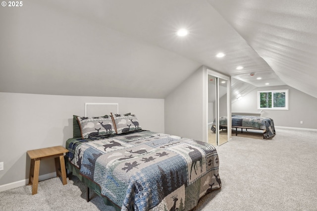 23595 E Lolo Pass Rd, Rhododendron, OR 97049 - bedroom with carpet flooring, vaulted ceiling, recessed lighting, and baseboards