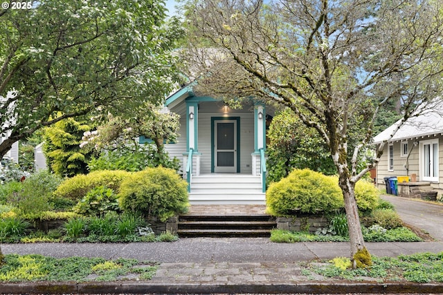 view of exterior entry with a porch