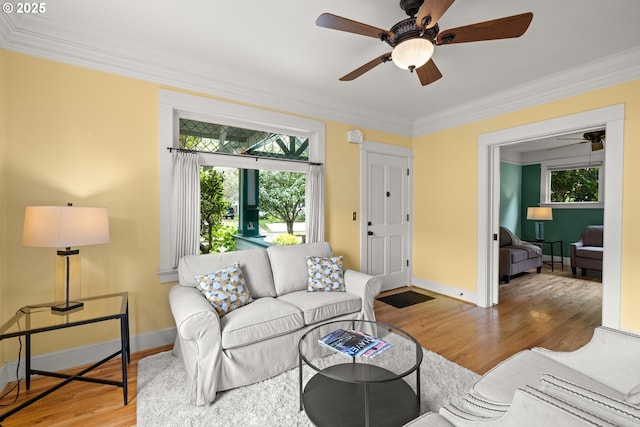 living room with a ceiling fan, wood finished floors, crown molding, and baseboards