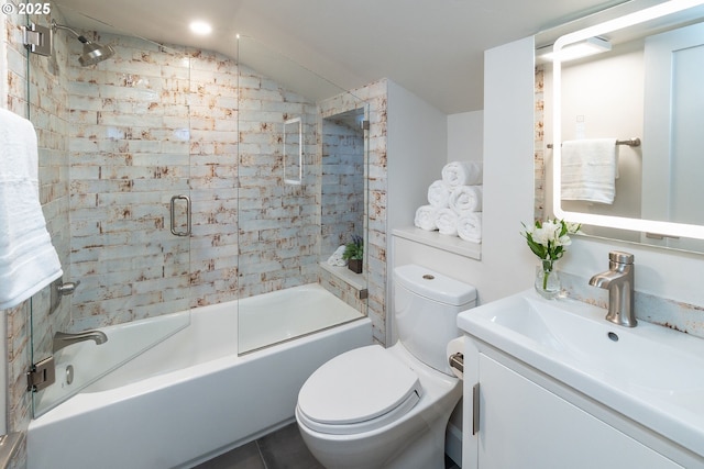 60486 Seventh Mountain Dr, Bend, OR 97702 - full bathroom with toilet, enclosed tub / shower combo, vaulted ceiling, and vanity
