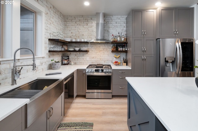 60486 Seventh Mountain Dr, Bend, OR 97702 - kitchen featuring open shelves, gray cabinets, and stainless steel appliances