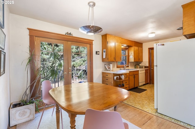 dining area featuring light wood finished floors, a healthy amount of sunlight, and french doors