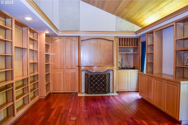 395 Rio Nes Ln, Roseburg, OR 97470 - unfurnished living room with vaulted ceiling, wooden ceiling, dark wood-style flooring, and recessed lighting