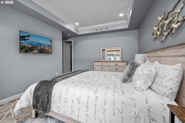 707 N Hayden Island Dr Unit 217, Portland, OR 97217 - bedroom with a tray ceiling, crown molding, wood finished floors, and recessed lighting