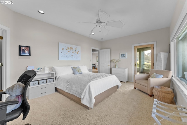 bedroom with ceiling fan, recessed lighting, and light colored carpet