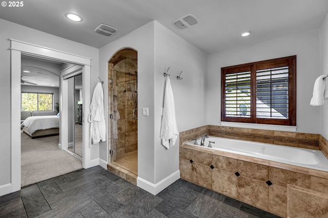 669 W T St, Washougal, WA 98671 - ensuite bathroom featuring a garden tub, a stall shower, stone tile floors, and recessed lighting