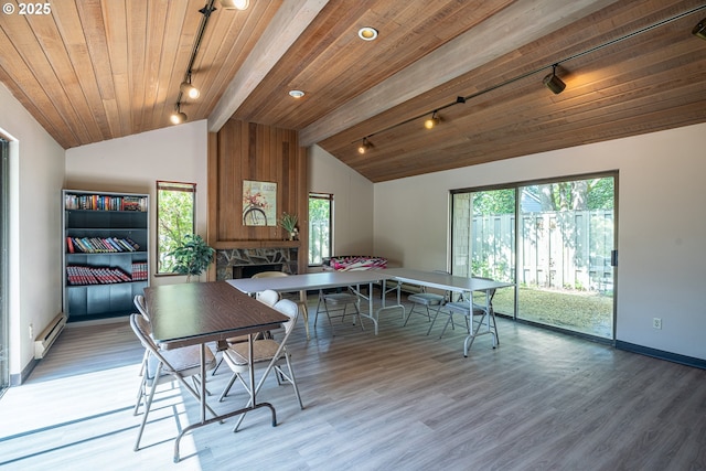 recreation room with lofted ceiling with beams, light wood finished floors, rail lighting, a baseboard heating unit, and wood ceiling