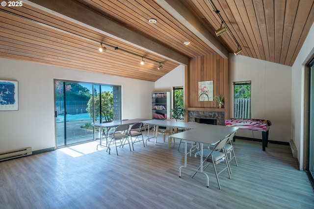 dining area featuring wooden ceiling, vaulted ceiling, track lighting, and a healthy amount of sunlight