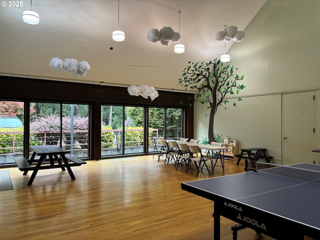 recreation room featuring wood finished floors and a high ceiling